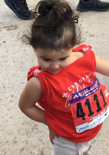 Maya (granddaughter) ready for her kids run - 3 years old.